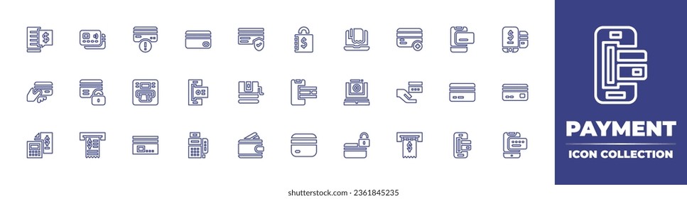 Payment line icon collection. Editable stroke. Vector illustration. Containing mobile banking, credit card, payment, mobile payment, online payment, padlock, laptop, wallet, invoice, poker chip, card.