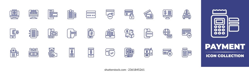 Payment line icon collection. Editable stroke. Vector illustration. Containing computer, car, payment, secure payment, declined, credit card, remove, sell, online payment, cash register.