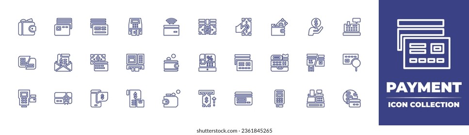 Colección de iconos de línea de pago. Trazo editable. Ilustración vectorial. Conteniendo pago en línea, subsidios, caja registradora, quebrada, fraude, tarjeta de crédito, día de pago, cartera, móvil, impuestos, punto de servicio.