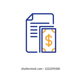 Payment line icon. Document with cash money symbol. Dollar currency sign. Colorful outline concept. Blue and orange thin line color icon. Payment Vector