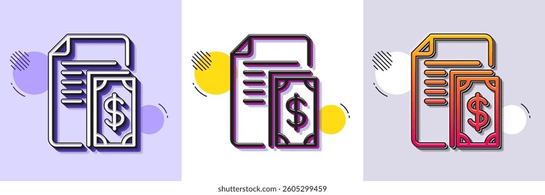 Payment line icon. Halftone dotted pattern. Gradient icon with grain shadow. Document with cash money symbol. Dollar currency sign. Line payment icon. Various designs. Vector