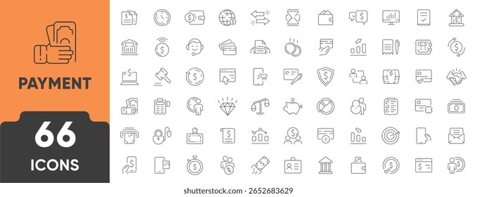 Symbolsatz für Zahlungszeile. Set von 66 Gliederungssymbolen, darunter Kreditkarte, mobiles Bezahlen, Rechnung, Transaktion, Geldbörse, Bargeld und Kasse. Bearbeitbarer Strich. Lineare Vektorgrafik.
