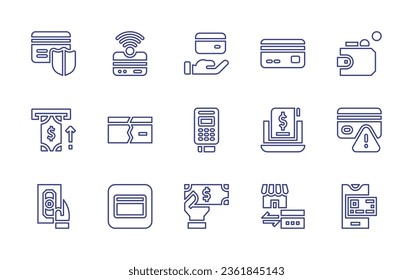 Juego de iconos de línea de pago. Trazo editable. Ilustración vectorial. Consta de recibo, tarjeta de crédito, pago con tarjeta de crédito, pago móvil, punto de servicio, retirada de efectivo, dinero, pago, quebrado, cartera.