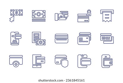 Payment line icon set. Editable stroke. Vector illustration. Containing cheque, payment, online payment, credit card, digital wallet, secure payment.