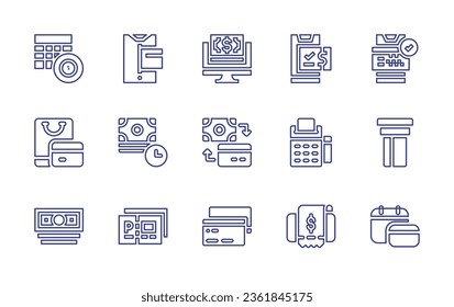 Payment line icon set. Editable stroke. Vector illustration. Containing cashless, payment day, online, payment, credit card, calendar, salary, parking ticket, invoice.