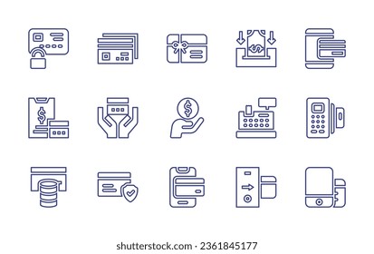 Juego de iconos de línea de pago. Trazo editable. Ilustración vectorial. Consta de pago con tarjeta de crédito, terminal de pago, tarjeta de crédito, tarjeta de regalo, depósito, subsidio, caja registradora, pago móvil.