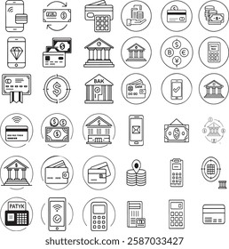 Payment line icon set featuring pay, bank cards, cash, transaction methods, money transfers, purchases, and more. Minimalist outline vector icons in a modern linear style. Conceptual pictogram collect
