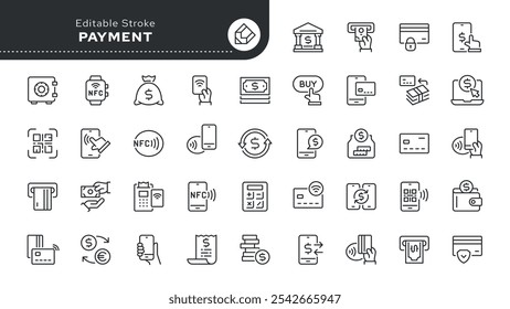 Payment line icon set. Pay, bank credit card, cash, payment method, money transfer, buy, purchase and more. Outline vector icon in linear style. Pictogram collection.	

