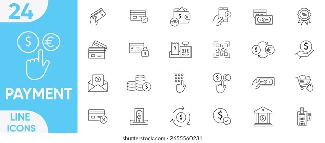 Conjunto de iconos de línea de pago. Movimiento editable. Transferencia de dinero, dinero, banca, pago, billetera en línea, tarjeta de crédito, cambio, efectivo y más. Conjunto de Vectores e ilustradores.