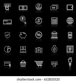 Payment line icons with reflect on black background, stock vector