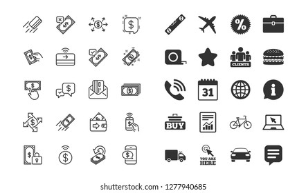 Payment line icons. Set of Accept transfer, Pay with Phone and Credit card by mail linear icons. Online payment, Dollar exchange and Fast money send symbols. Private pay, Cash and Wallet. Vector