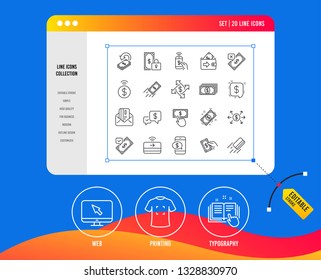 Payment line icons. Set of Accept transfer, Pay with Phone and Credit card by mail linear icons. Online payment, Dollar exchange and Fast money send symbols. Private pay, Cash and Wallet. Vector