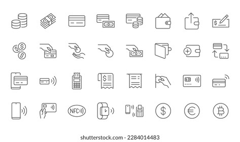 Payment line icons set. Cash money, coins in hand, credit card, wallet, bank check, cashless pay, receipt, contactless purchase vector illustration. Outline signs for finance app. Editable Stroke svg