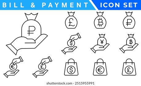 Payment line icons set. Cash money, coins in hand, credit card, wallet, bank check, cashless pay, receipt, contactless purchase vector illustration. Outline signs for finance app.