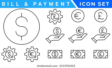 Payment line icons set. Cash money, coins in hand, credit card, wallet, bank check, cashless pay, receipt, contactless purchase vector illustration. Outline signs for finance app.