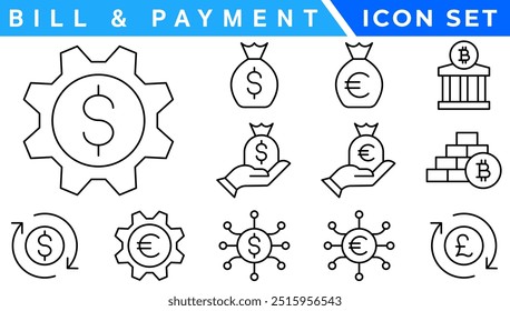 Payment line icons set. Cash money, coins in hand, credit card, wallet, bank check, cashless pay, receipt, contactless purchase vector illustration. Outline signs for finance app.