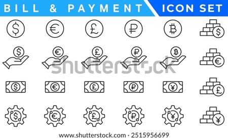 Payment line icons set. Cash money, coins in hand, credit card, wallet, bank check, cashless pay, receipt, contactless purchase vector illustration. Outline signs for finance app.