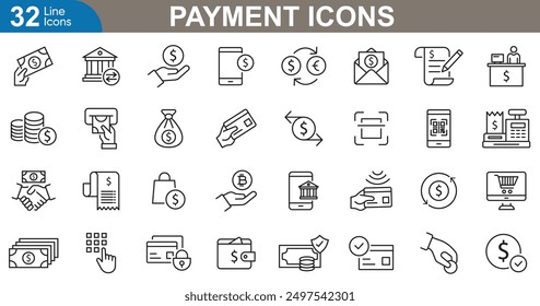 Payment line icons set. transaction, finance, E-commerce, banking, credit card, digital wallet, mobile, secure payment and more. vector illustration.