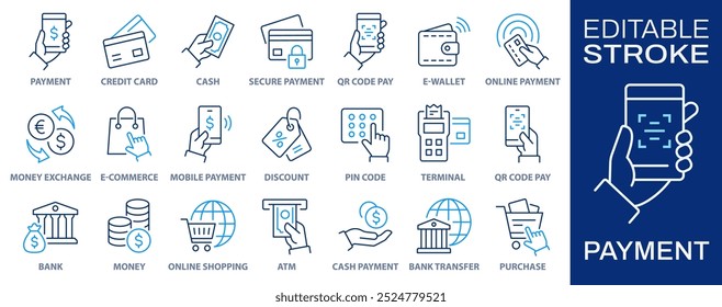 Payment line icons, such as finance, cash, money, credit card and more. Editable stroke.