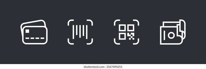 Payment, linear icon set. Payment online options, vector icons. Outline payment method symbols. Money transfer, banking, credit card, cash transaction symbol. Qr-code and bar-code scannig illustration