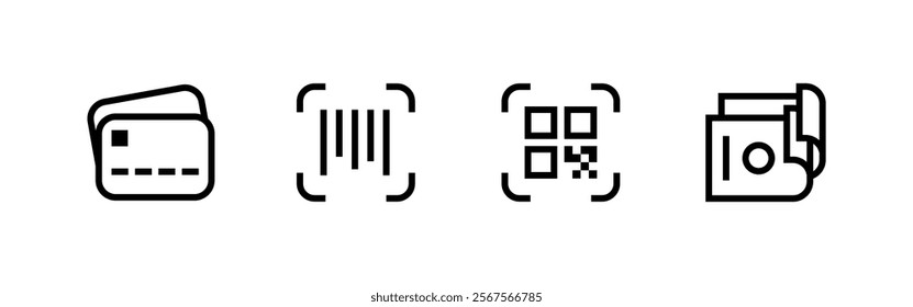 Payment, linear icon set. Payment online options, vector icons. Outline payment method symbols. Money transfer, banking, credit card, cash transaction symbol. Qr-code and bar-code scannig illustration