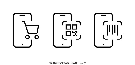 Payment, linear icon set. Payment online options, vector icons. Outline payment method symbols. Money transfer, banking, credit card, cash transaction symbol. Qr-code, bar-code scanning illustration