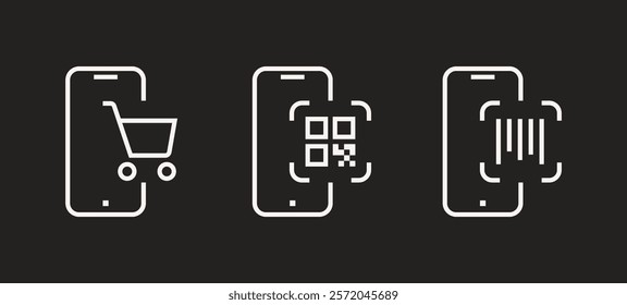 Payment, linear icon set. Payment online options, vector icons. Outline payment method symbols. Money transfer, banking, credit card, cash transaction symbol. Qr-code, bar-code scanning illustration