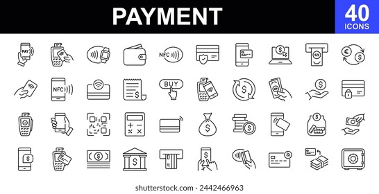 Payment. Linear icon set. Payment options. Payment vector icons. Outline payment method symbols. Money transfer. Banking, credit card, cash and transaction symbol. Vector illustration