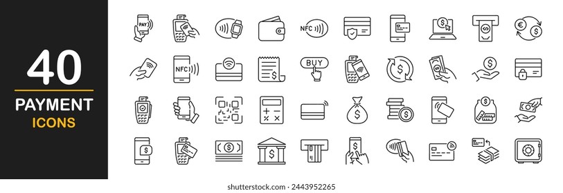 Payment. Linear icon set. Payment options. Payment vector icons. Outline payment method symbols. Money transfer. Banking, credit card, cash and transaction symbol. Vector illustration