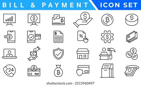 Pago. Conjunto de iconos lineales. Opciones de pago. Iconos del vector del pago. Esquema de símbolos de método de pago. Transferencia de dinero. Banca, tarjeta de crédito, dinero en efectivo y símbolo de transacción.