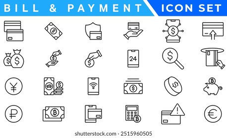 Pago. Conjunto de iconos lineales. Opciones de pago. Iconos del vector del pago. Esquema de símbolos de método de pago. Transferencia de dinero. Banca, tarjeta de crédito, dinero en efectivo y símbolo de transacción.