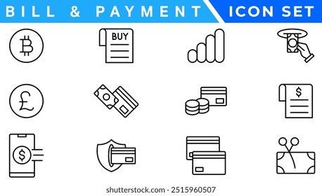 Pago. Conjunto de iconos lineales. Opciones de pago. Iconos del vector del pago. Esquema de símbolos de método de pago. Transferencia de dinero. Banca, tarjeta de crédito, dinero en efectivo y símbolo de transacción.