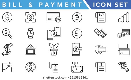 Pago. Conjunto de iconos lineales. Opciones de pago. Iconos del vector del pago. Esquema de símbolos de método de pago. Transferencia de dinero. Banca, tarjeta de crédito, dinero en efectivo y símbolo de transacción.