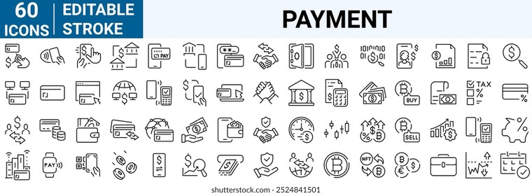 Payment. Linear icon set. Payment options. Outline payment method symbols. Money transfer. Banking, credit card, cash and transaction symbol. Vector illustration