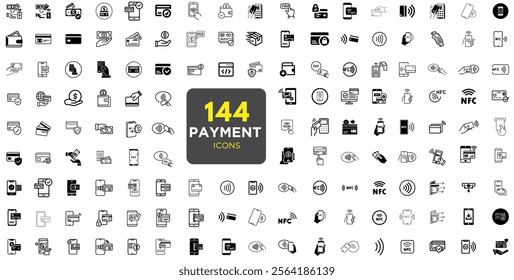Payment linear icon set. Payment options. Payment vector icons. Outline payment method symbols. Money transfer. Banking, credit card, cash and transaction symbol. Vector illustration