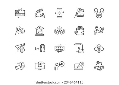 Juego de iconos de líneas de pago. Géneros y atributos de pago. Diseño lineal. Líneas con trazo editable. Iconos vectoriales aislados.