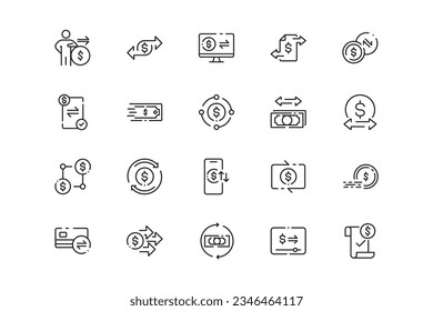 Payment lines icon set. Payment genres and attributes. Linear design. Lines with editable stroke. Isolated vector icons.