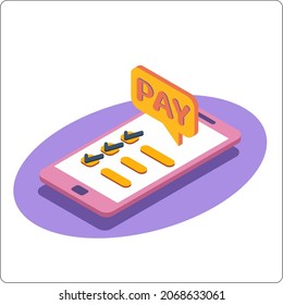 Payment list completed. Mockup of a phone and a list of payment for goods. Popular flat colors. Isometric 3D vector illustration.