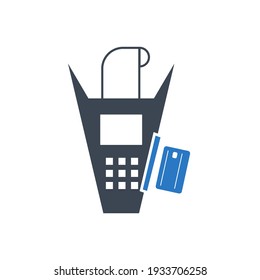  Zahlungsmaschine und Kreditkartensymbol. POS Terminal bestätigt die Zahlung per Kreditkarte, Rechnung. Vektorgrafik auf einem flachen Symbol