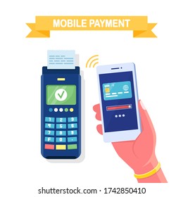 Zahlungsmaschine mit Kreditkarte, Debitkarte. POS-Terminal, nfc Gerät mit weißem Handy. Transfer, Bezahlung per kontaktloses System. Vector-Cartoondesign