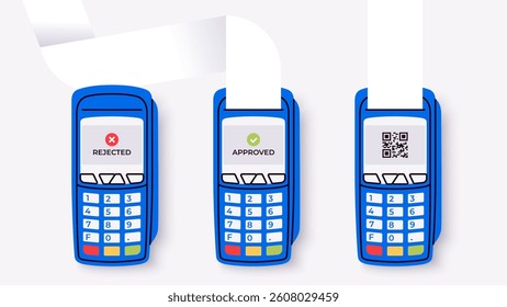 Payment machine for credit or debit card. POS terminal confirms the payment. Approved payment. Rejected money invoice. Vector illustration. Flat design. NFC payments. Successful electronic transaction