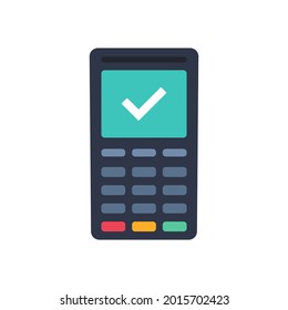 Payment machine icon. Pay terminal in flat style. POS terminal with approved finance operation. NFC payments concept. Vector isolated on white