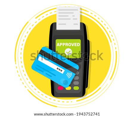 Payment Machine. POS Terminal. NFC payments. Payment by credit card using POS terminal with inserted credit card and print receipt. Terminal confirms the payment. NFC Bank Payment device. Top View