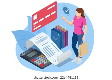 Payment Machine or POS Terminal with receipt records, design template of bill ATM, paper financial check for mockup. Isometric online payment, banking and online shopping