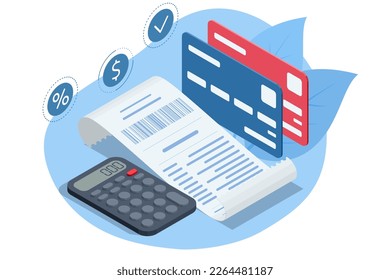 Payment Machine or POS Terminal with receipt records, design template of bill ATM, paper financial check for mockup. Isometric online payment, banking and online shopping