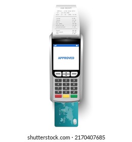 Payment Machine, POSt Terminal With Cash Receipt And Credit Card Isolated On Transparent Background, Vector Illustration