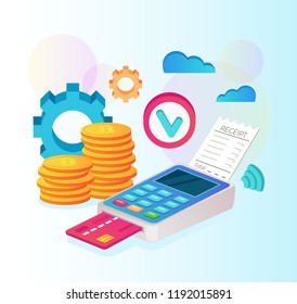Payment machine system and credit card terminal paypass nfc. Wireless electronic contactless payment concept. Vector flat cartoon isolated illustration