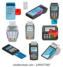 Payment machine vector pos banking terminal for credit card paying through machining cardreader or cash register in store illustration set isolated on white background