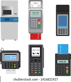 Vetor da máquina de pagamento terminal bancário do pos para cartão de crédito para pagar usinagem do sistema do banco do atm para pagar leitor de cartão na ilustração da loja conjunto isométrico isolado no fundo branco