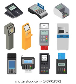 Payment machine vector pos banking terminal for credit card to pay atm bank system machining for paying cardreader in store illustration isometric set isolated on white background